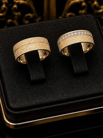 Pair of elegant gold rings with textured design, one adorned with small diamonds.