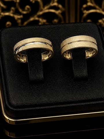 Pair of elegant gold rings on a black cushion display.