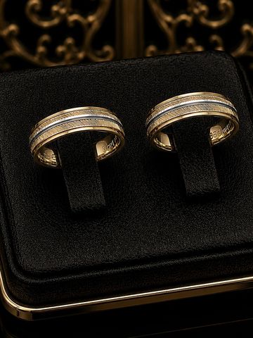 Elegant gold rings with intricate detailing displayed on a black velvet box.