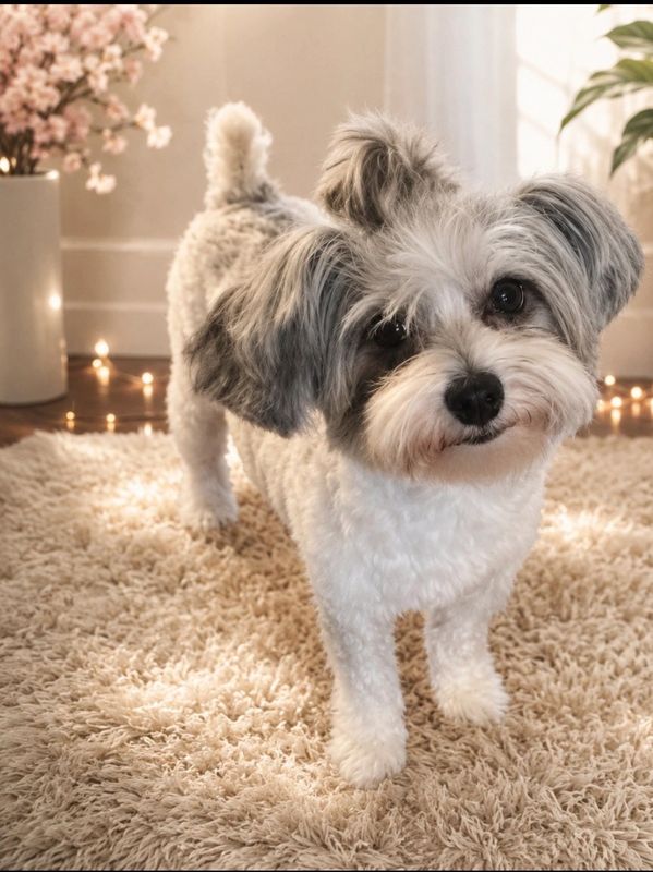 Small fluffy dog standing on a rug indoors.