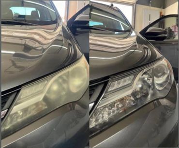Before and after car headlight restoration showing clear improvement.