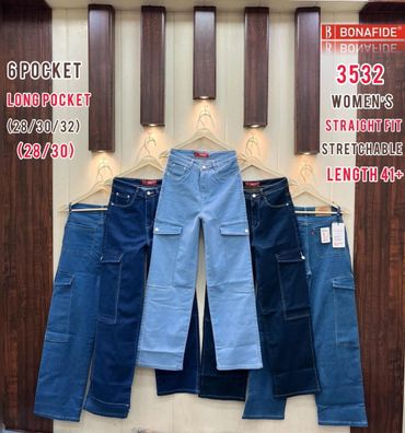 Women's 6-pocket long jeans in various shades of blue, straight fit and stretchable.