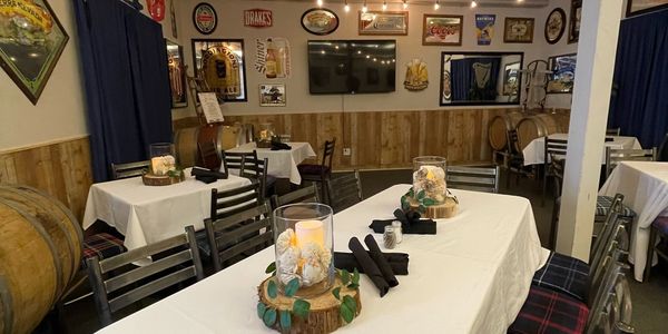 barrel room decorated for a wedding