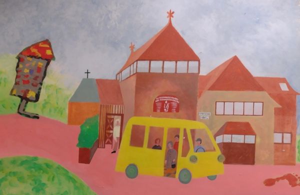 a colourful painting of a red building and a yellow mini bus parked in front on a pink road