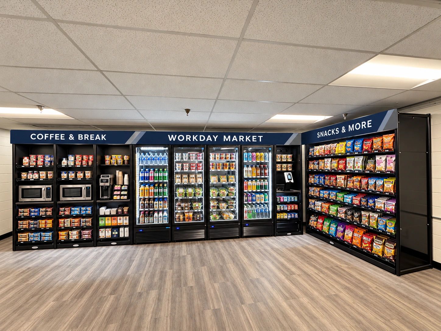 Corporate employee market with snacks, refrigerated beverages and self-checkout