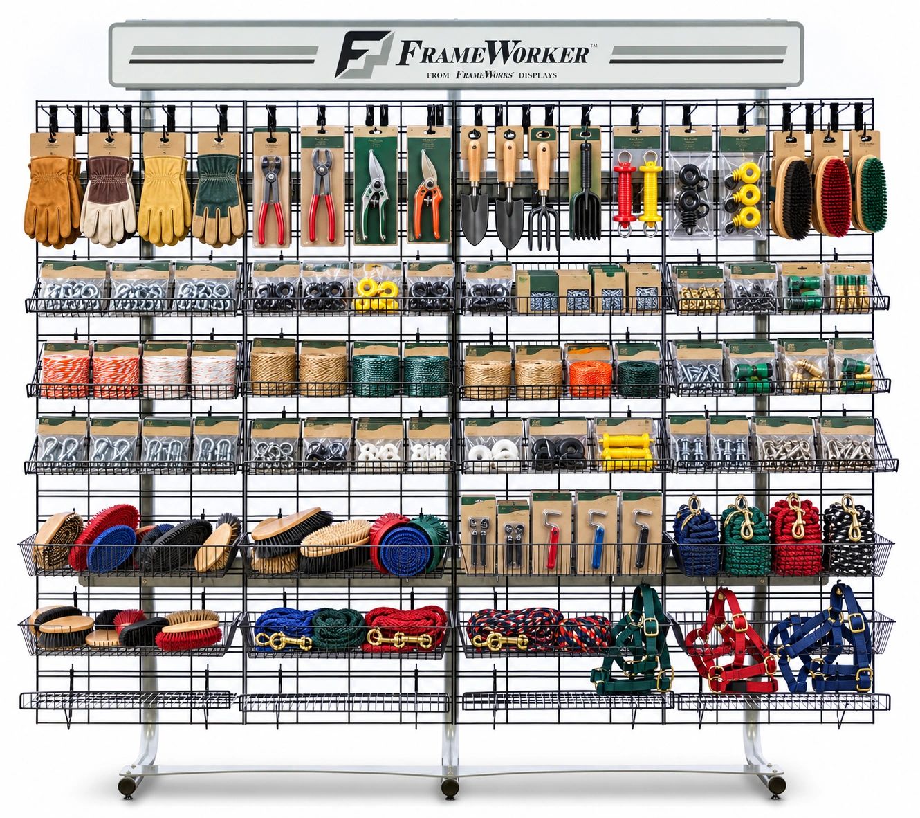 Farm supply display organized with gloves, tools, hardware and packaged supplies