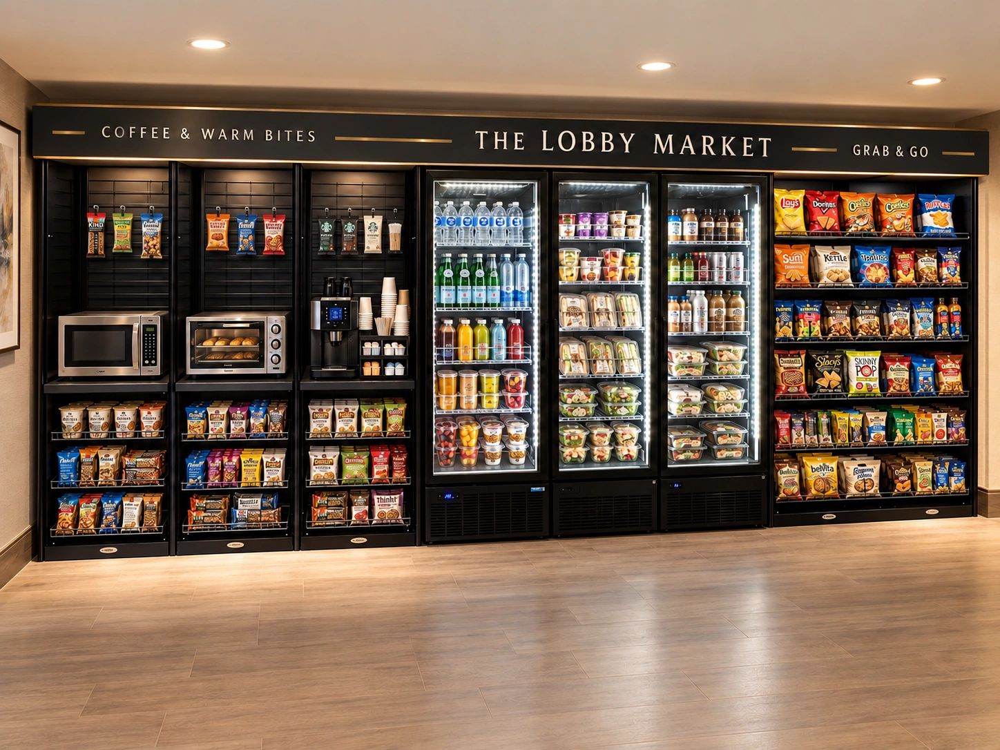 Hotel lobby grab-and-go market with snacks, beverages, coffee and travel essentials