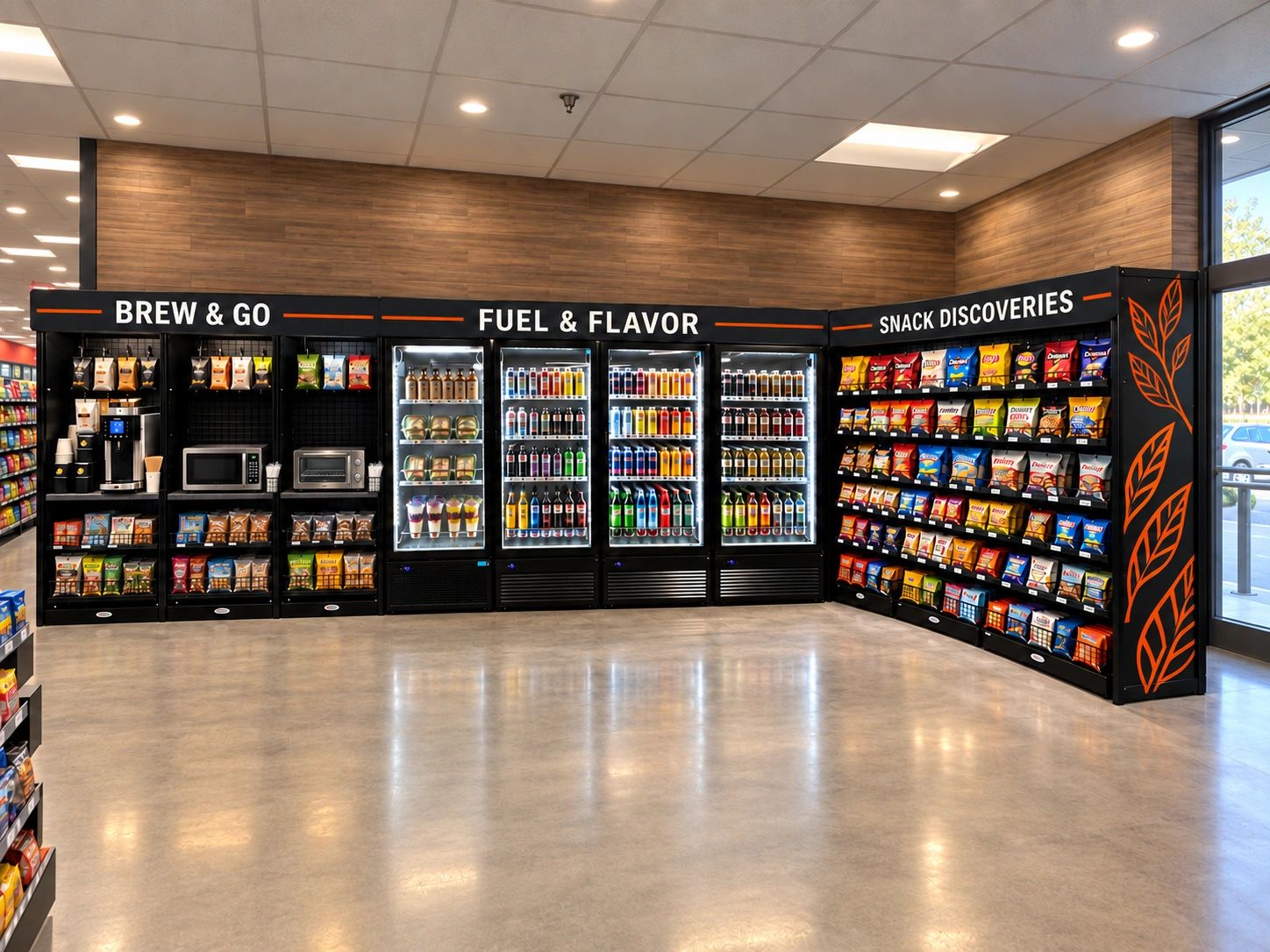 Convenience store display system with snacks, refrigerated beverages and coffee service