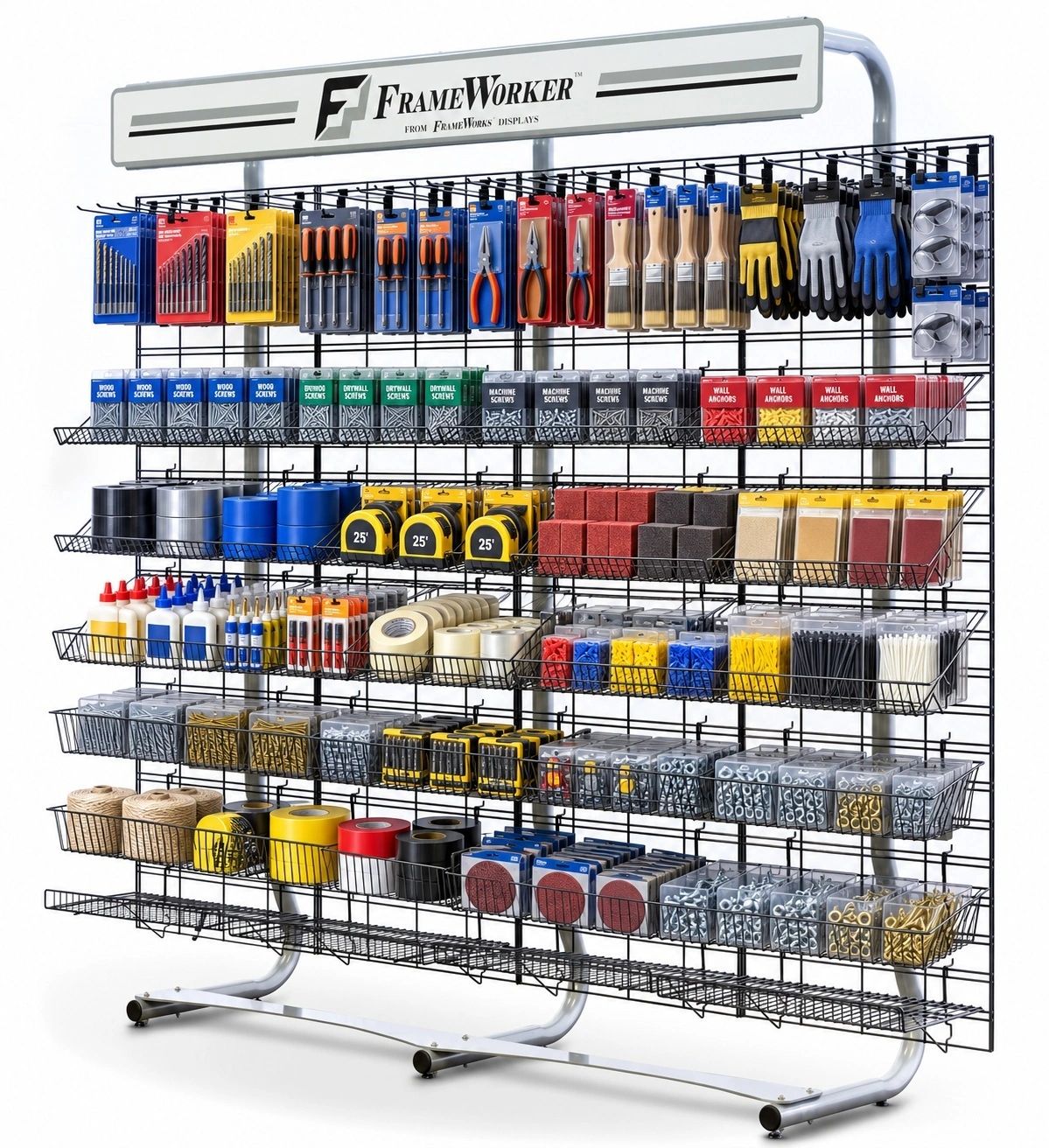 Steel gridwall hardware display organized with tools, parts and packaged supplies