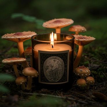 Lit candle surrounded by orange mushrooms in a forest setting.