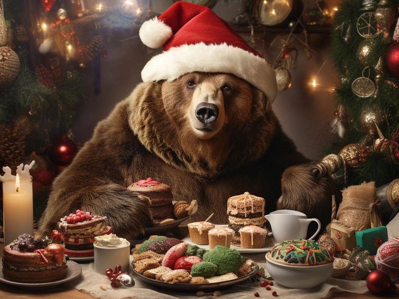 A bear wearing a Santa hat surrounded by Christmas desserts and decorations.