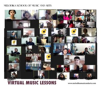 Virtual music lessons with students and instructors on a video call.