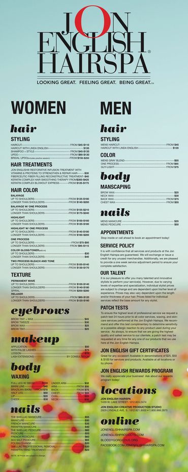 Jon English® Hairspa Lightbox Service and Price List by Mark Hayden.