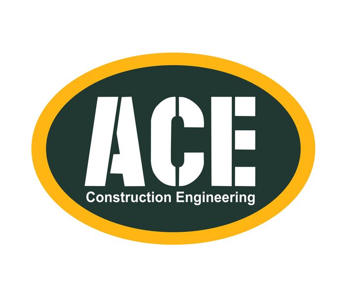 Logo for ACE Construction Engineering with bold white letters in an oval.