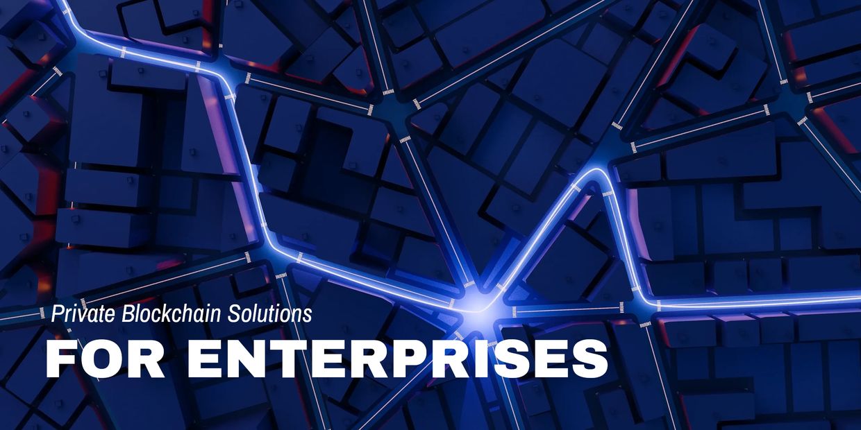Glowing city map with text promoting private blockchain solutions for enterprises.