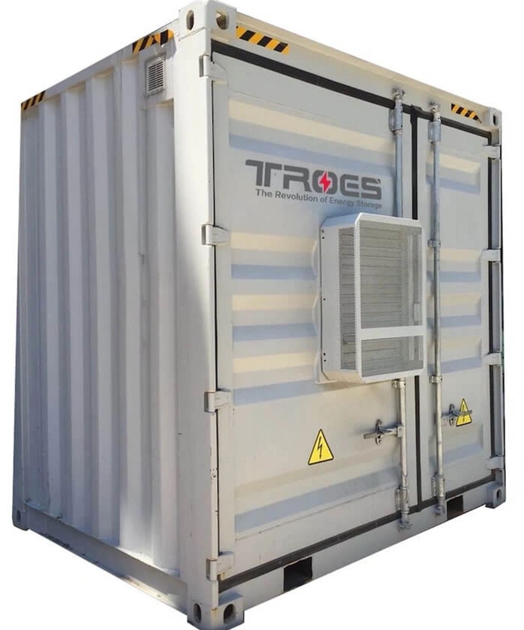 Standard shipping container with doors closed. Inside are Lithium Ion batteries.