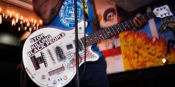 Photo of QADR's guitar from The Muslims punk band. Photo by Arvin Temkar from Buzfeed News.