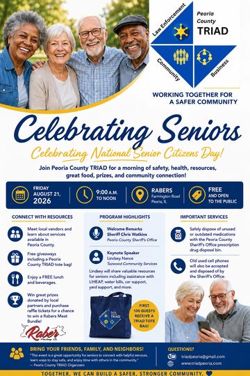 Event celebrating seniors with safety, health, prizes, and community resources.