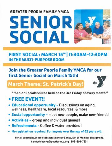 YMCA Senior Social Flyer, meetings on the 3rd Friday of every month in the multi-purpose room