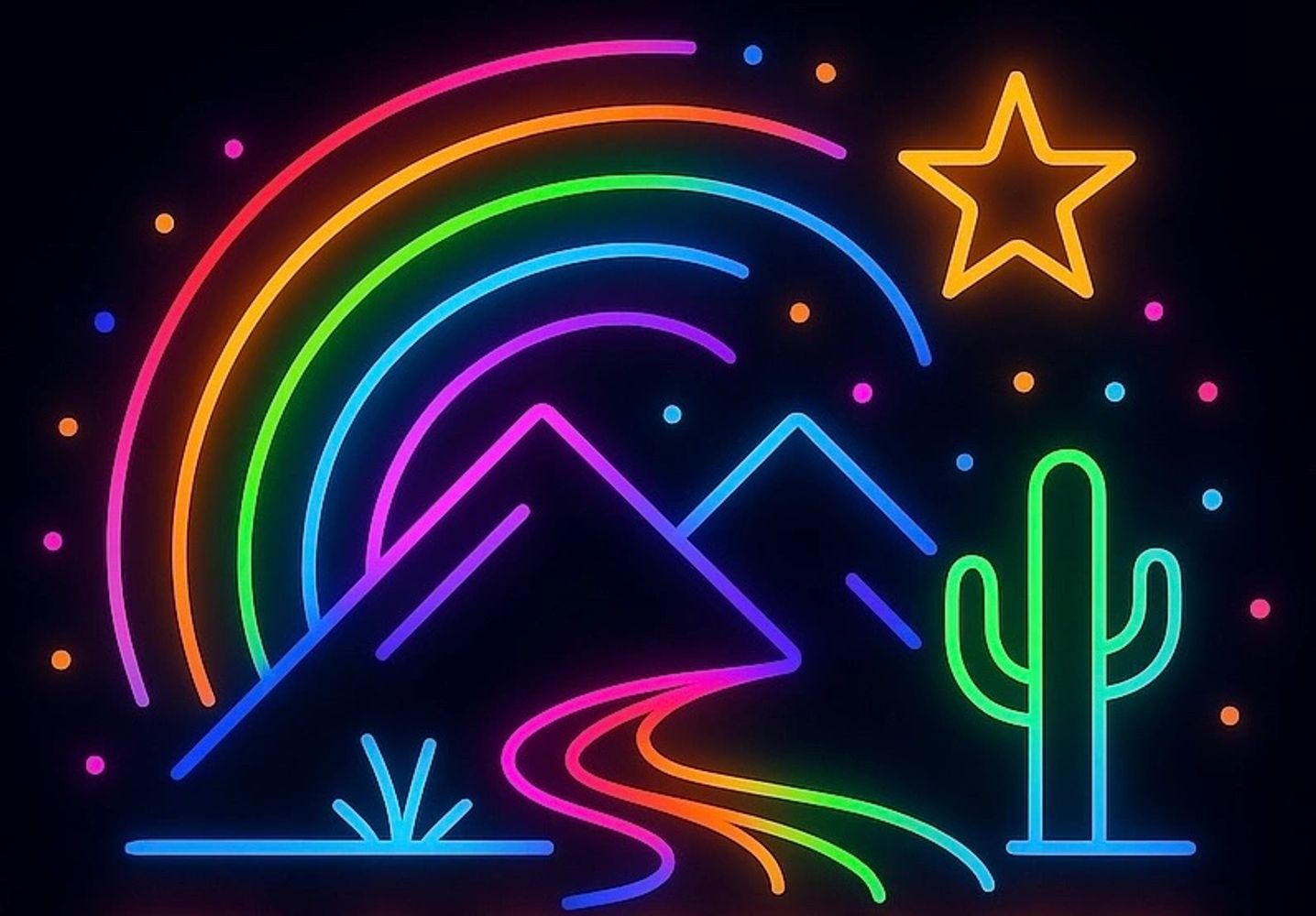 Colorful neon desert scene with mountains, cactus, star, and rainbow.