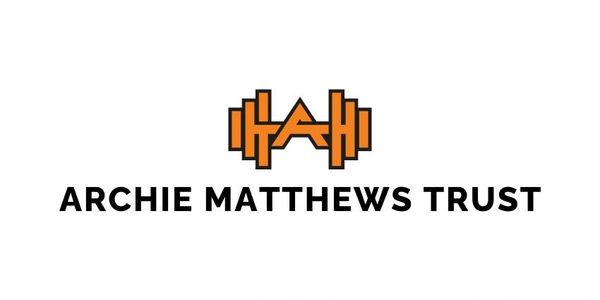 Logo of Archie Matthews Trust with an orange barbell design.