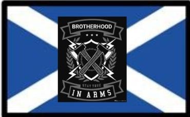 Flag with Scottish colors and a black emblem reading 'Brotherhood in Arms'.