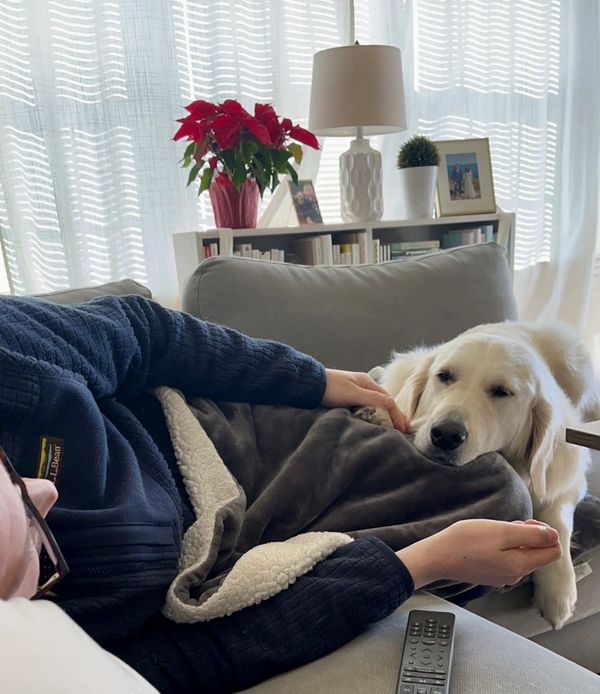 Person resting on a couch with a dog lying beside them.