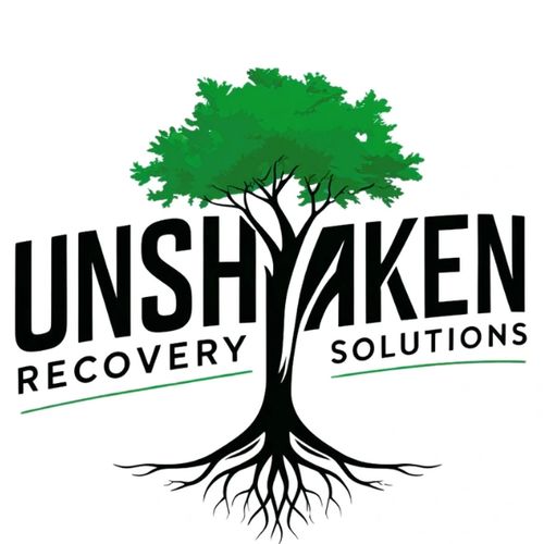 Logo featuring a tree with roots and the words Unshaken Recovery Solutions.