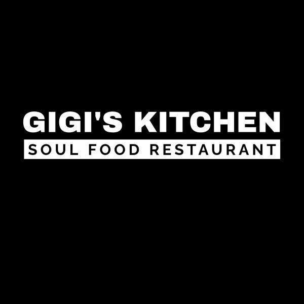 Logo for Gigi's Kitchen Soul Food Restaurant in bold white text on black background.