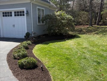 Freshly mulched garden beds with bushes beside a green lawn and house.
