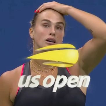 Tennis player at US Open looking exhausted or frustrated.