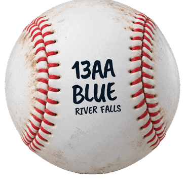 Baseball with red stitching and text '13AA BLUE RIVER FALLS'.