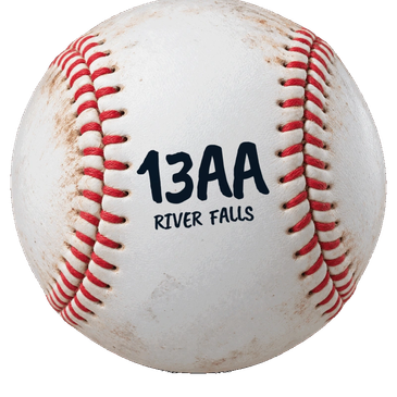 Worn baseball with '13AA River Falls' text and red stitching.