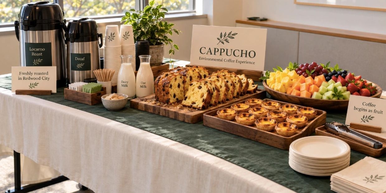 Coffee setup with pastries, fruit, and milk options.