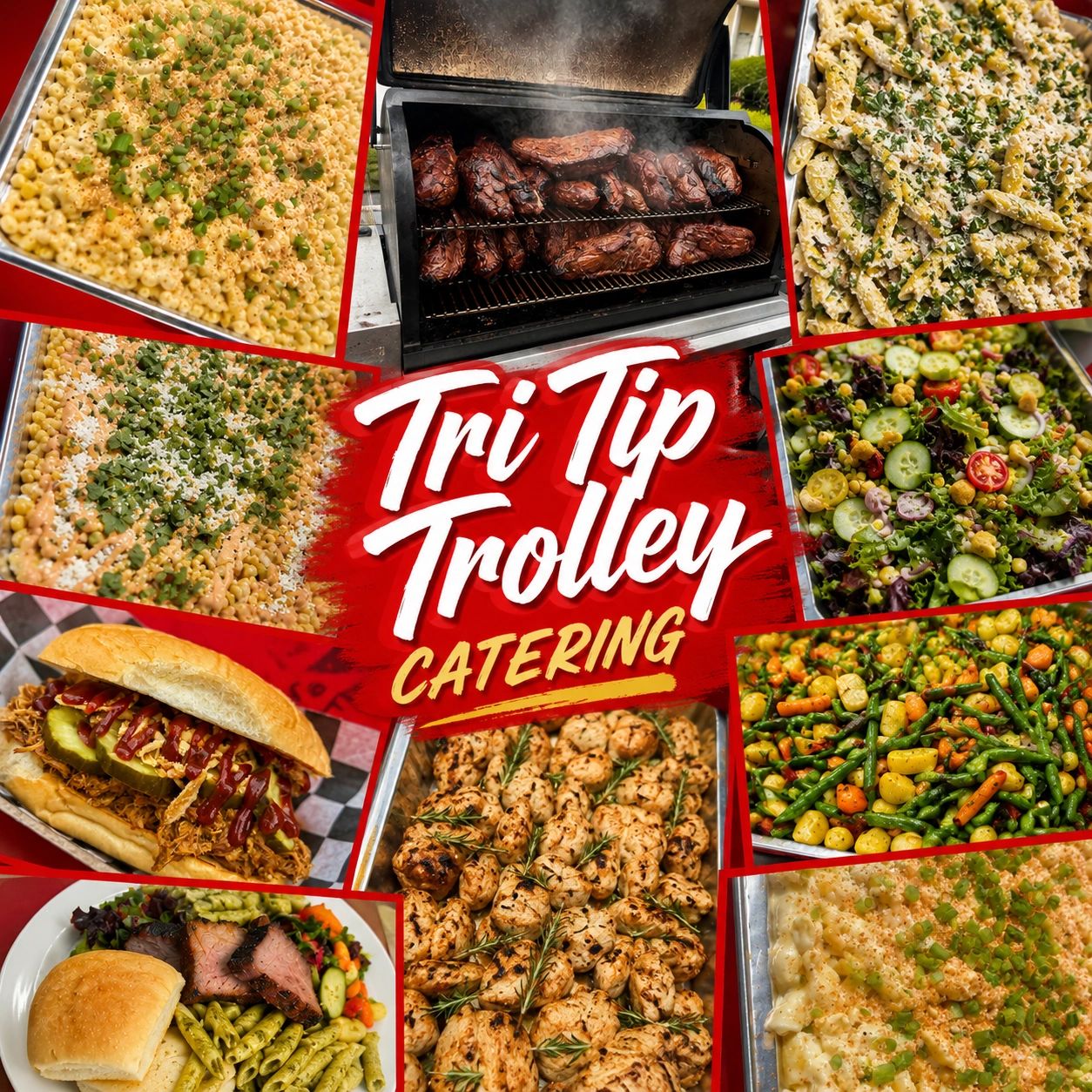 Variety of delicious catering dishes from Tri Tip Trolley, including meats, salads, pasta, and sandwiches.