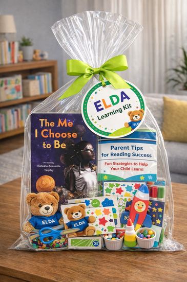 ELDA Learning Kit with books, toys, and educational materials in a clear gift bag.