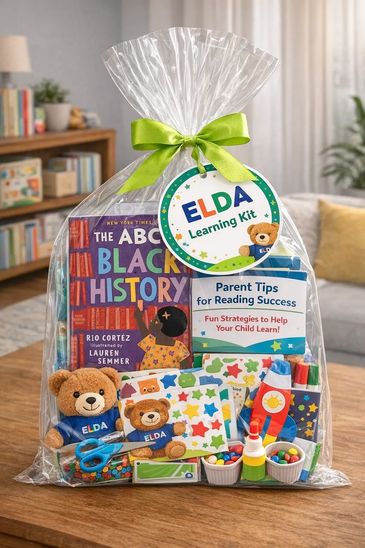ELDA Learning Kit with Black history book and educational toys wrapped in clear plastic.