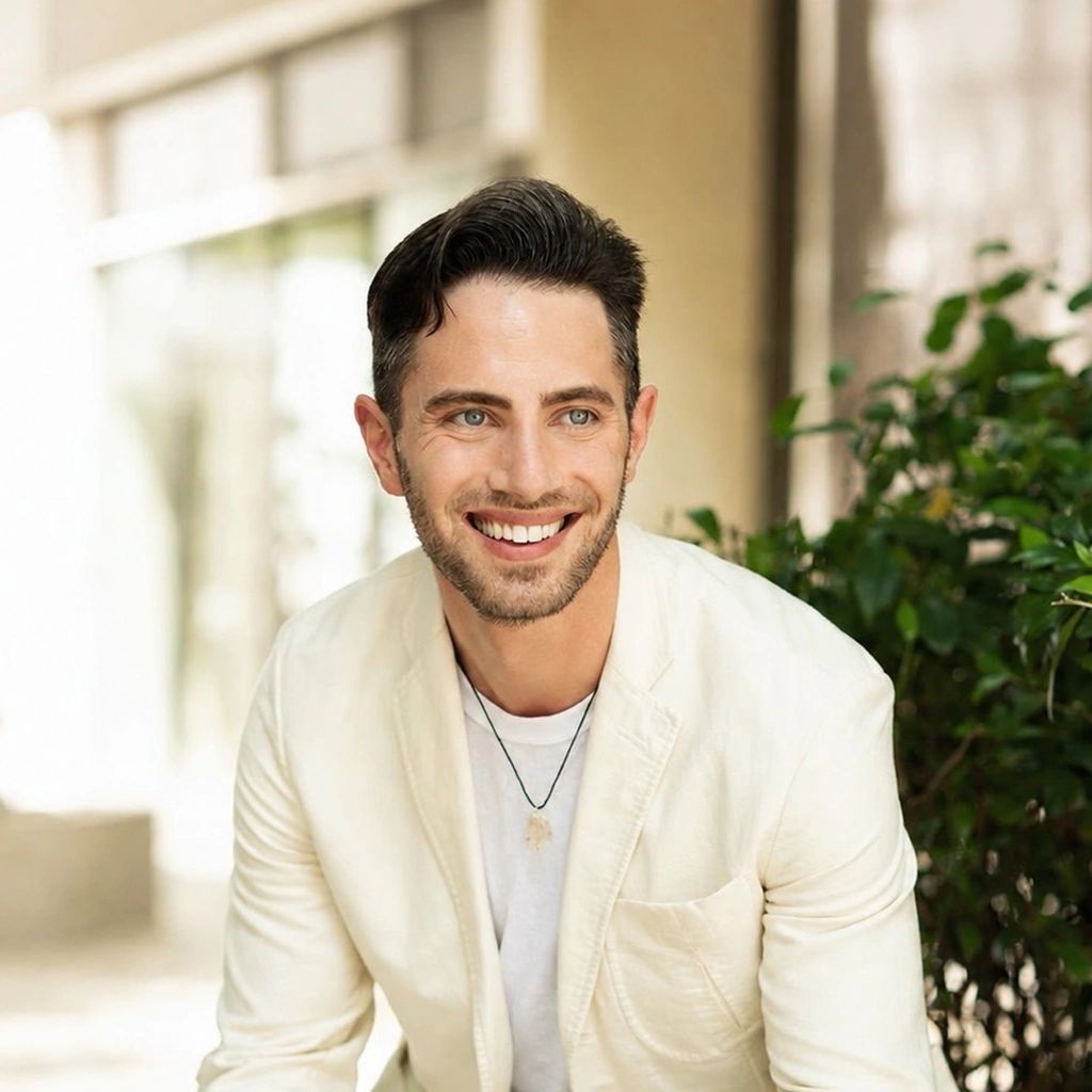 Steven Morse, actor, artist, and creator, wearing a white jacket in Miami