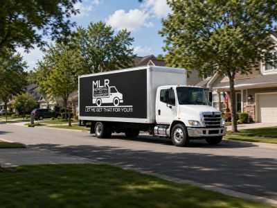 Moving truck parked in a residential neighborhood.