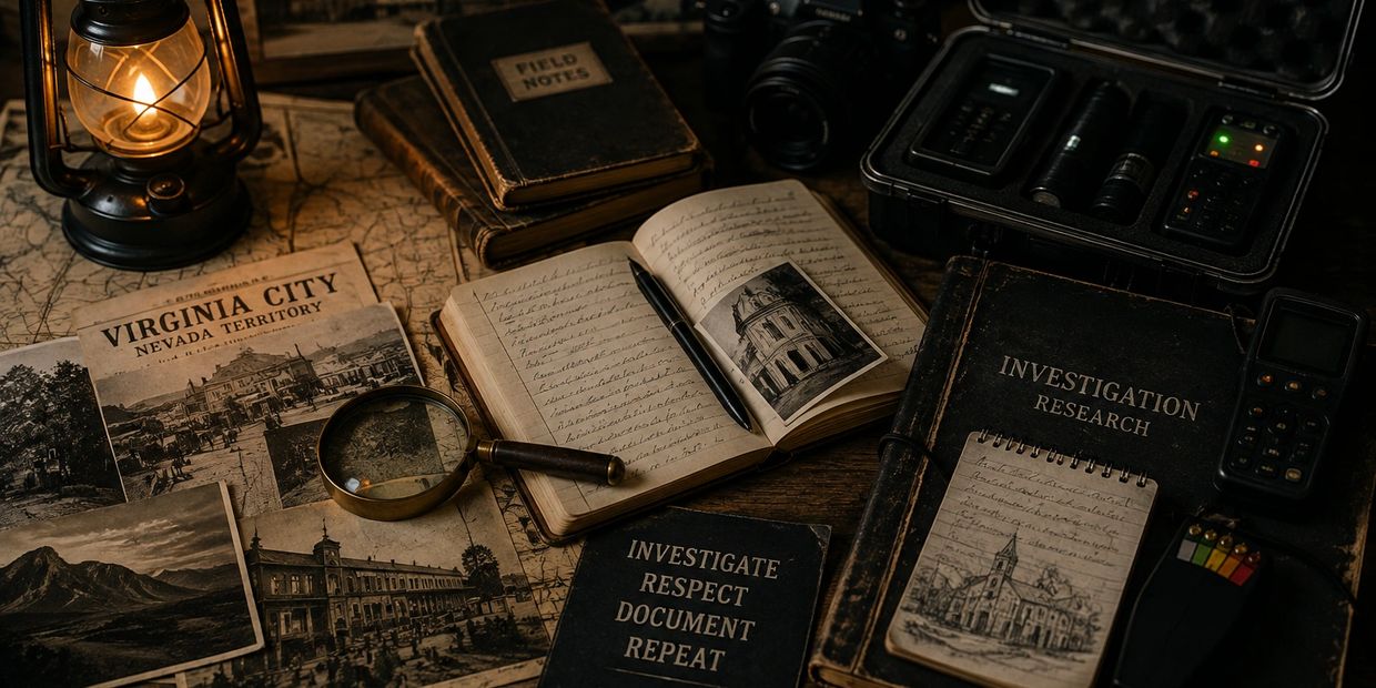 Vintage detective tools and notes on a wooden table.