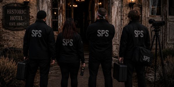 Four SPS agents outside a historic hotel at night.