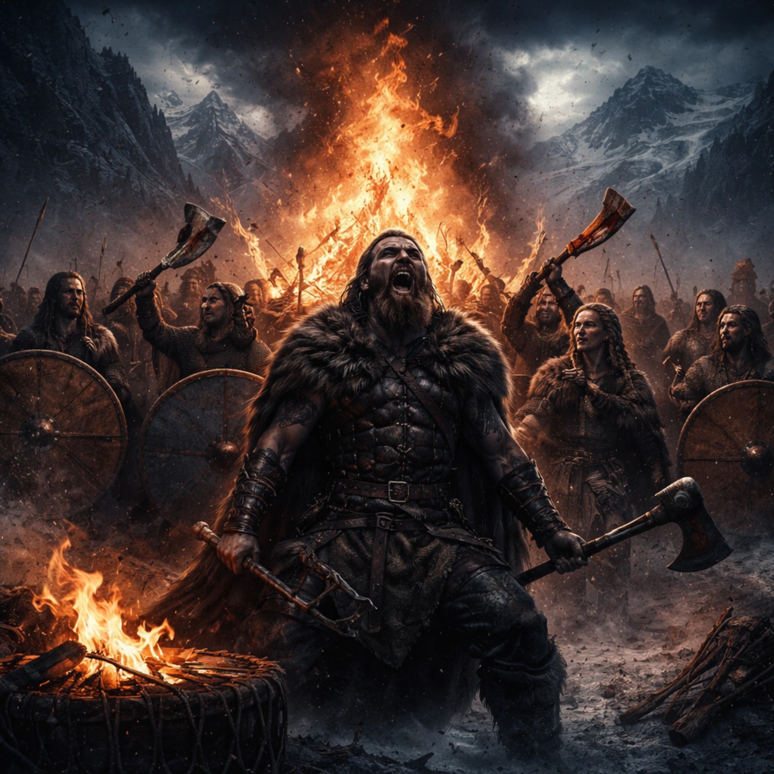 Viking warrior leads a fierce battle chant by a massive bonfire in snowy mountains.