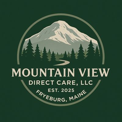 Logo for Mountain View Direct Care featuring a mountain and forest design.