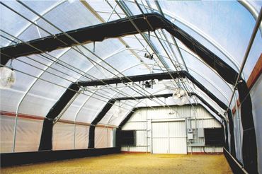 internal blackout shade system following the slope of the greenhouse