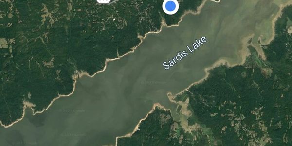 Satellite view of Sardis Lake and surrounding areas including Harmontown and Blackwater.