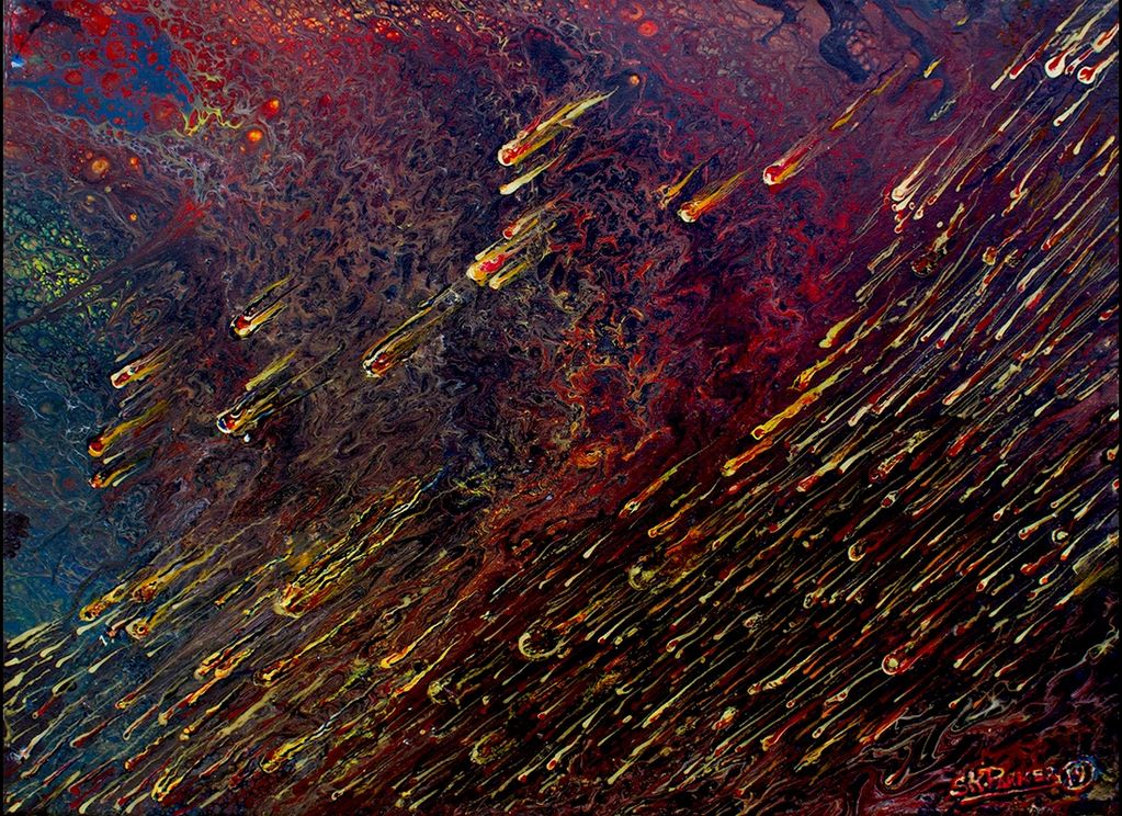 Firestorm set in front of a red and blue wave that looks like an Acrylic Pour Painting by SKParker.