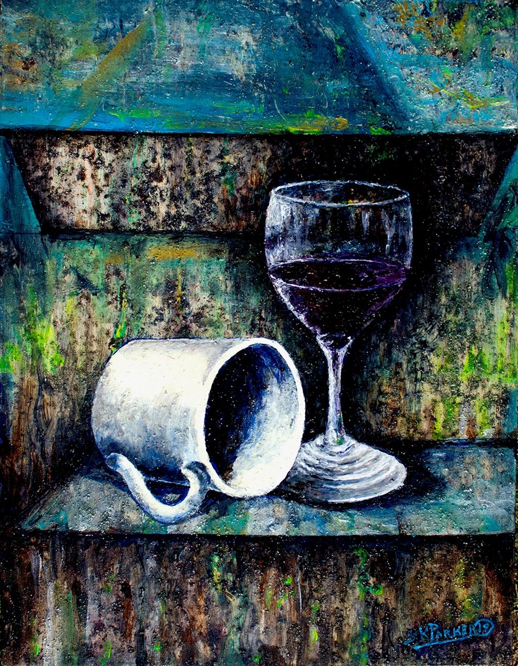 Acrylic Painting showing a wine glass and Coffee cup on its side resting in a shelf in a surrealist