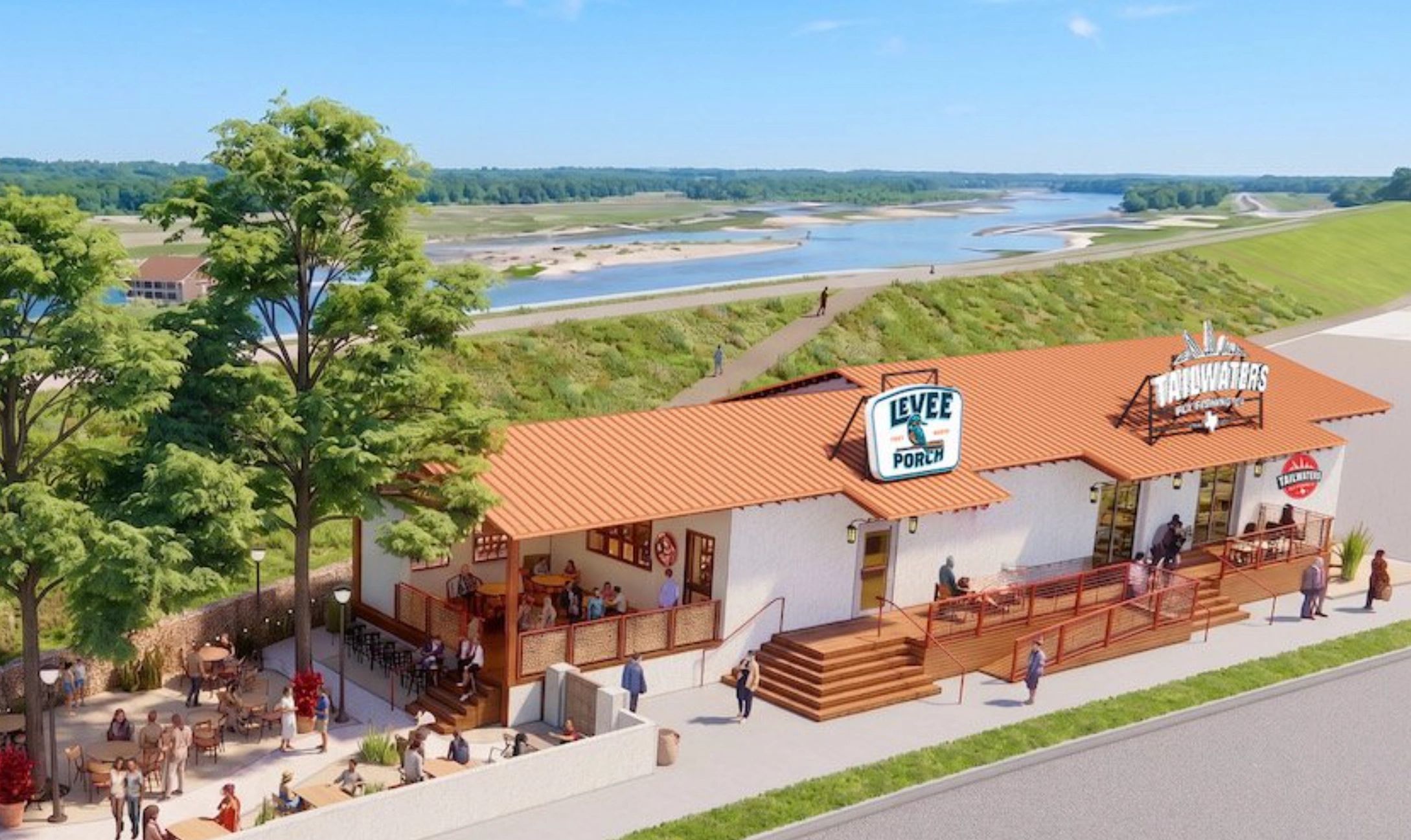 A vibrant riverfront gathering space overlooking the Trinity River at sunset including Tailwater