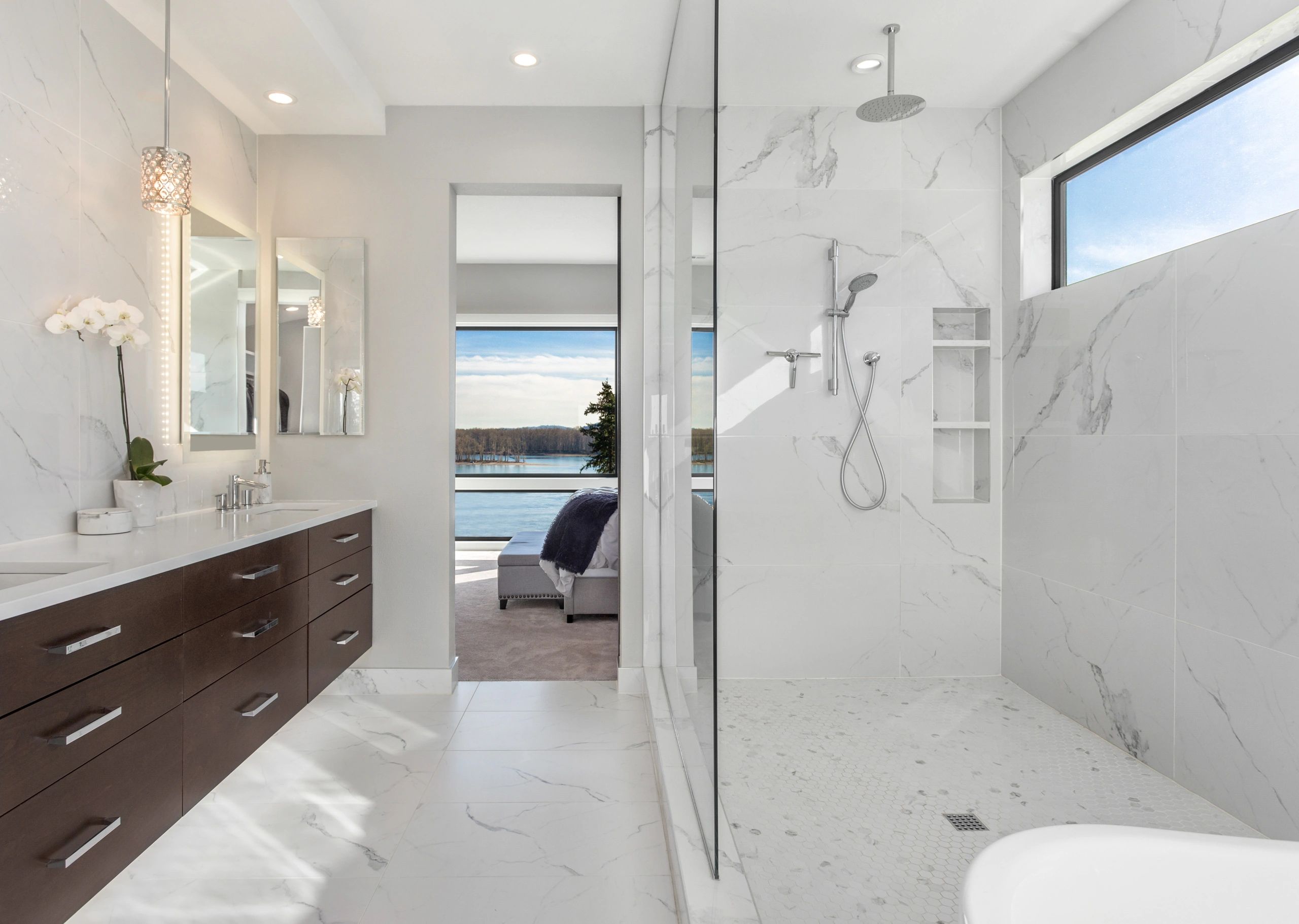 large format porcelain white gray marble bathroom floor and shower with niche