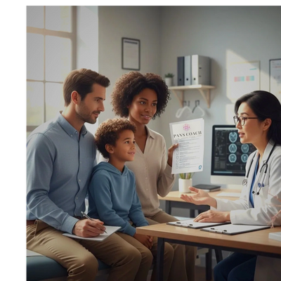Family consulting a doctor in a medical office, discussing health.